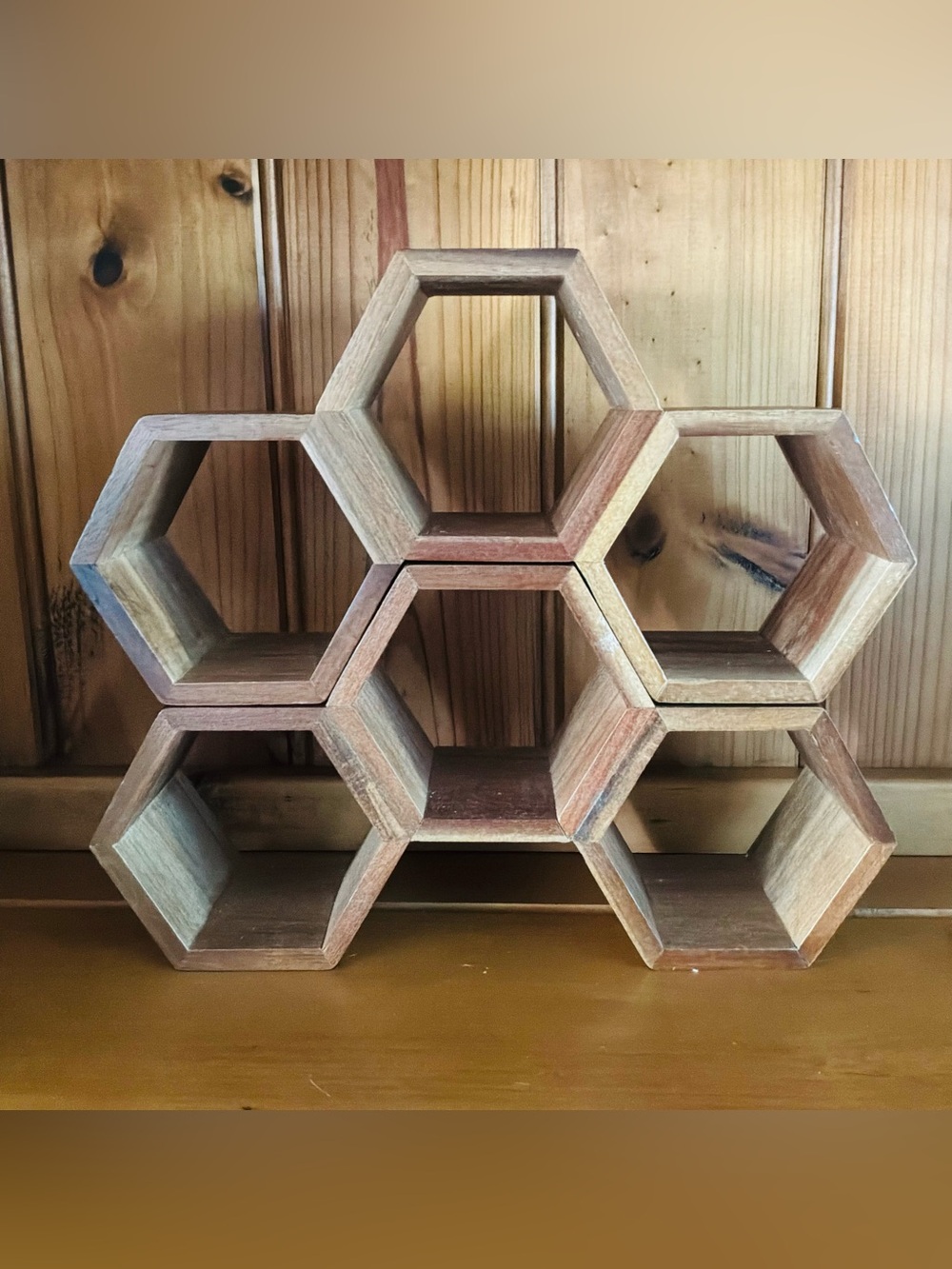 2 Modern Wood Hexagon Honeycomb Shelf 6 Slots Geometric Wall Countertop Display